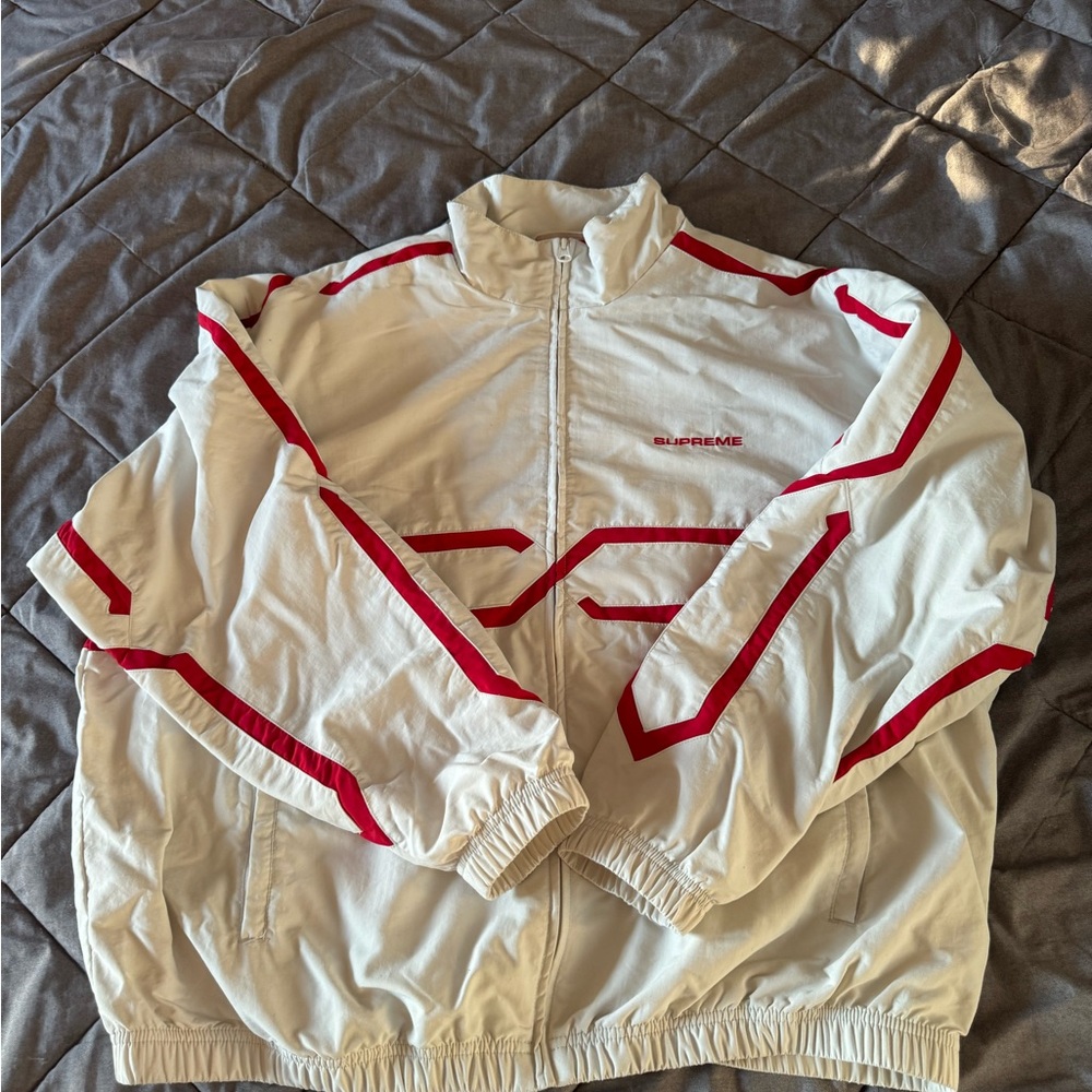 Supreme White and Red Windbreaker Jacket Inset Link Track Jacket